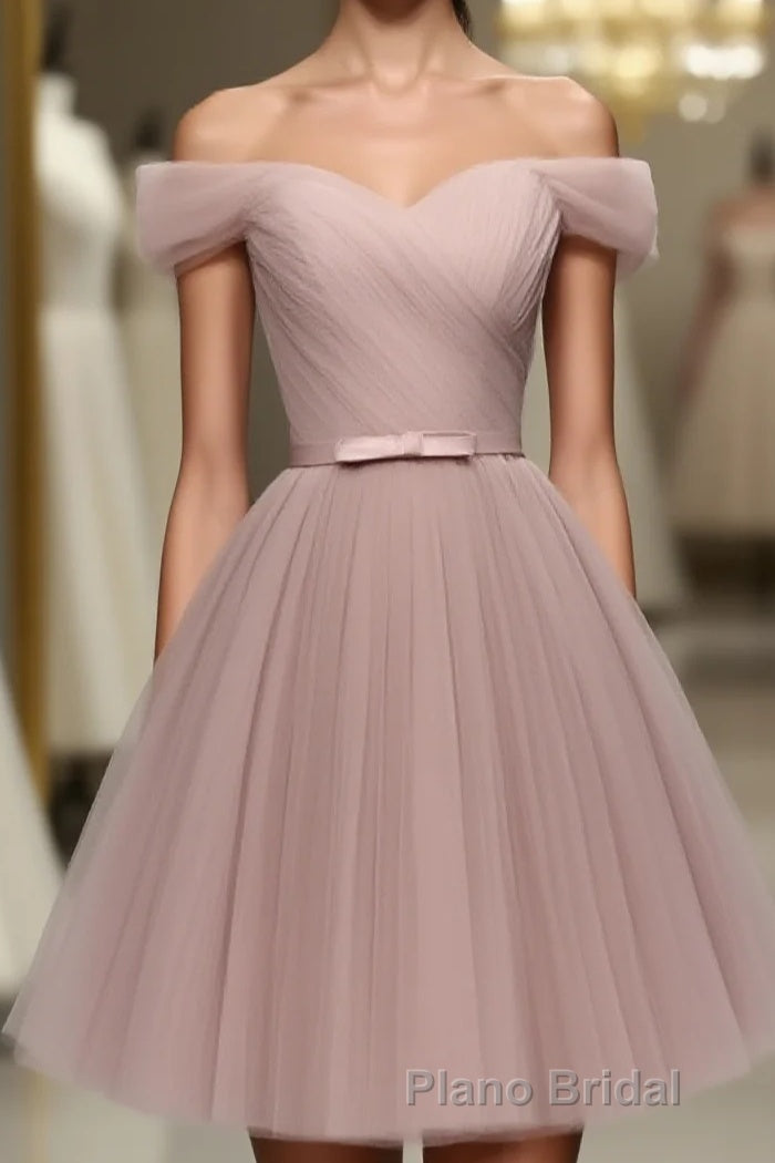 Simple V Neck Tulle Off Shoulder Short Formal Prom Dresses, Pink Homecoming Dresses Main image