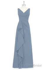 Dusty Blue V-Neck Banded Waist Ruffled Long Bridesmaid Dresses