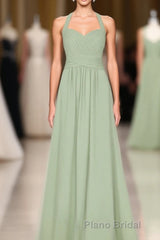 Sage Green Halter Backless A-Line Bridesmaid Dresses