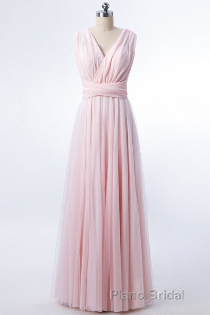 Blush Pink V-Neck Lace-Up A-Line Bridesmaid Dresses