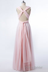 Blush Pink V-Neck Lace-Up A-Line Bridesmaid Dresses
