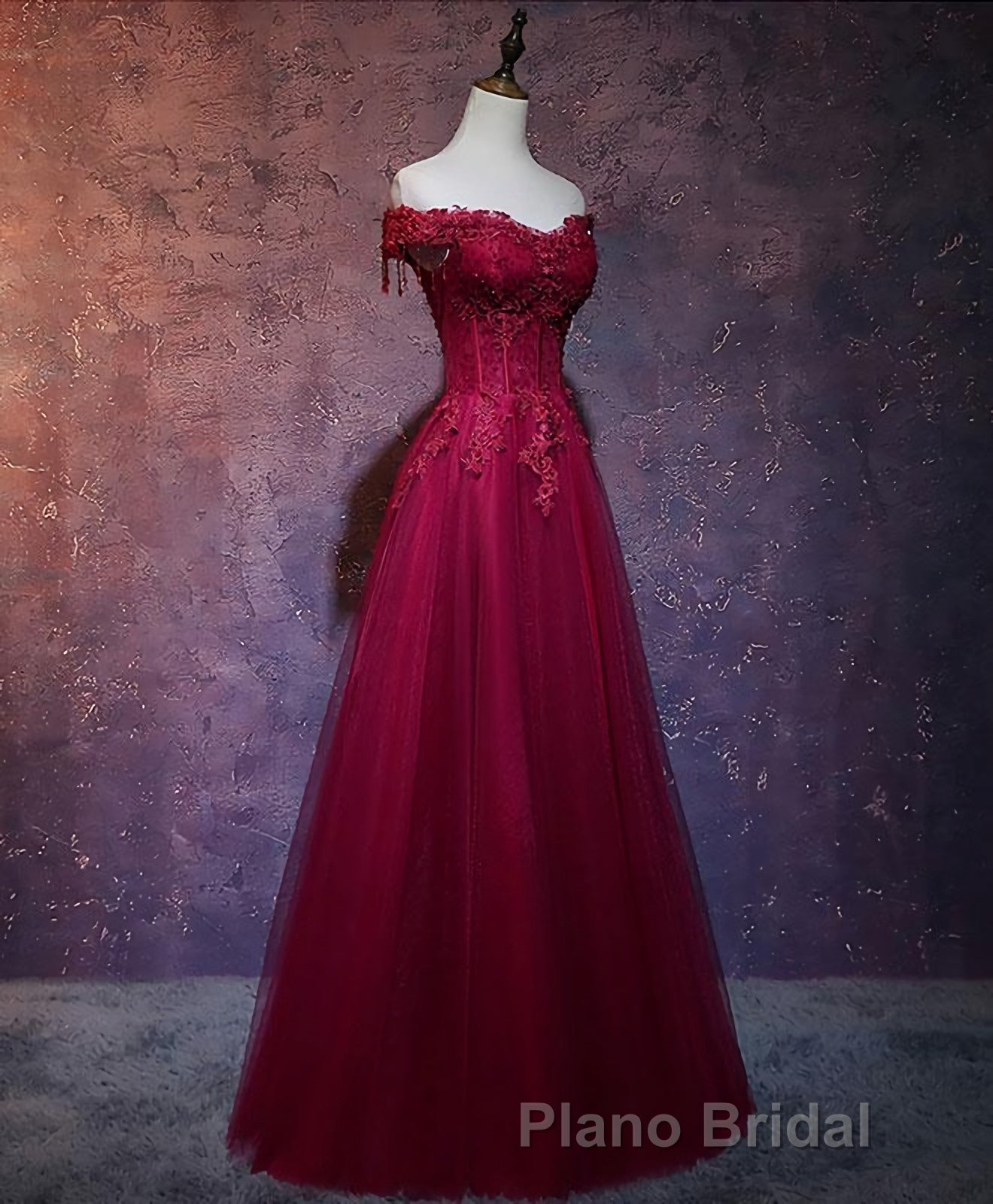 Burgundy Tulle Lace Off Shoulder Long Formal Prom Dresses, Burgundy Lace Evening Dresses Secondary image