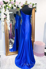 One-Shoulder Royal Blue Mermaid Long Dresses with Slit