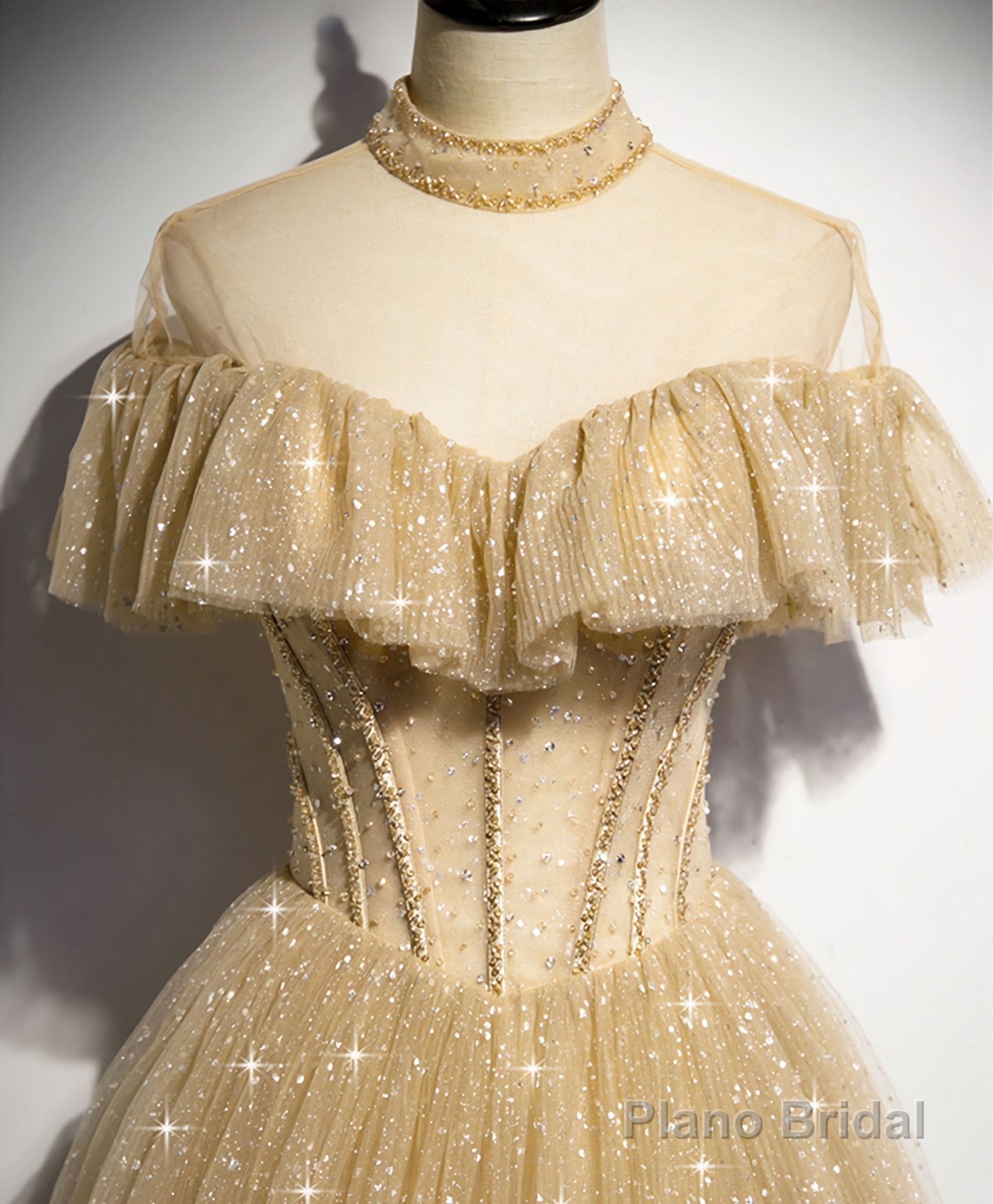 Gold Tulle Sequin Long Prom Dress, Gold Tulle Bridesmaid Dress Secondary image