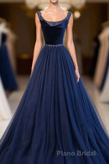 Dark Blue Tulle Long Formal Prom Dresses, Dark Blue Tulle Evening Dresses
