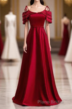 Burgundy Satin Beads Long Formal Prom Dresses, Burgundy Evening Dresses