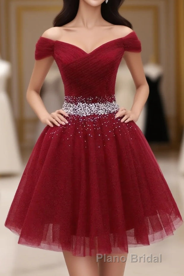 Burgundy Tulle Sequin Short Formal Prom Dresses, Burgundy Homecoming Dresses, 1