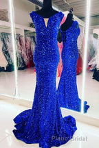 Blue Sequin V-Neck Lace-Up Mermaid Long Prom Dresses