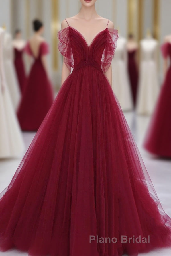 Wine Red Tulle V-Neckline Off Shoulder With Bow, Wine Red Tulle Long Formal Prom Dresses Main image