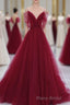 Wine Red Tulle V-Neckline Off Shoulder With Bow, Wine Red Tulle Long Formal Prom Dresses