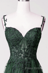 Dark Green Tulle With Lace Beaded Straps Formal Prom Dresses, Green Long Prom Dresses Party Dresses