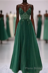Green V-Neckline Beaded Tulle Floor Length Party Dresses, A-Line Green Formal Prom Dresses