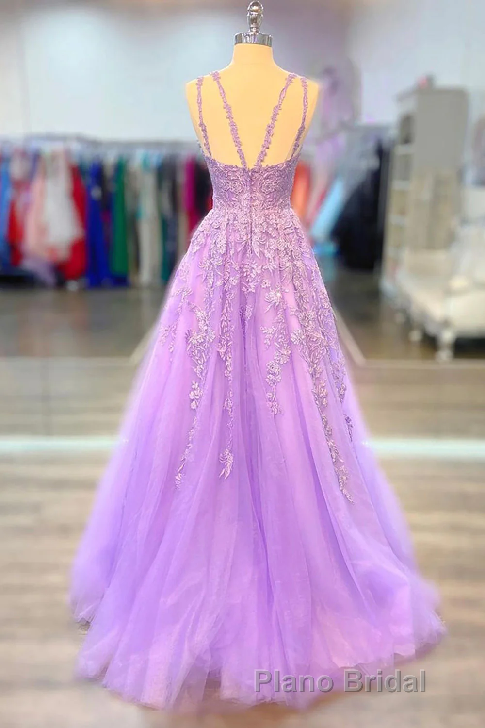 A-Line Tulle Princess Light Purple Formal Prom Dresses With Appliques, Tulle Straps Prom Dresses Secondary image