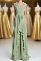 Halter Sage Pleated Ruffles Long Bridesmaid Dresses