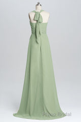 Halter Sage Pleated Ruffles Long Bridesmaid Dresses