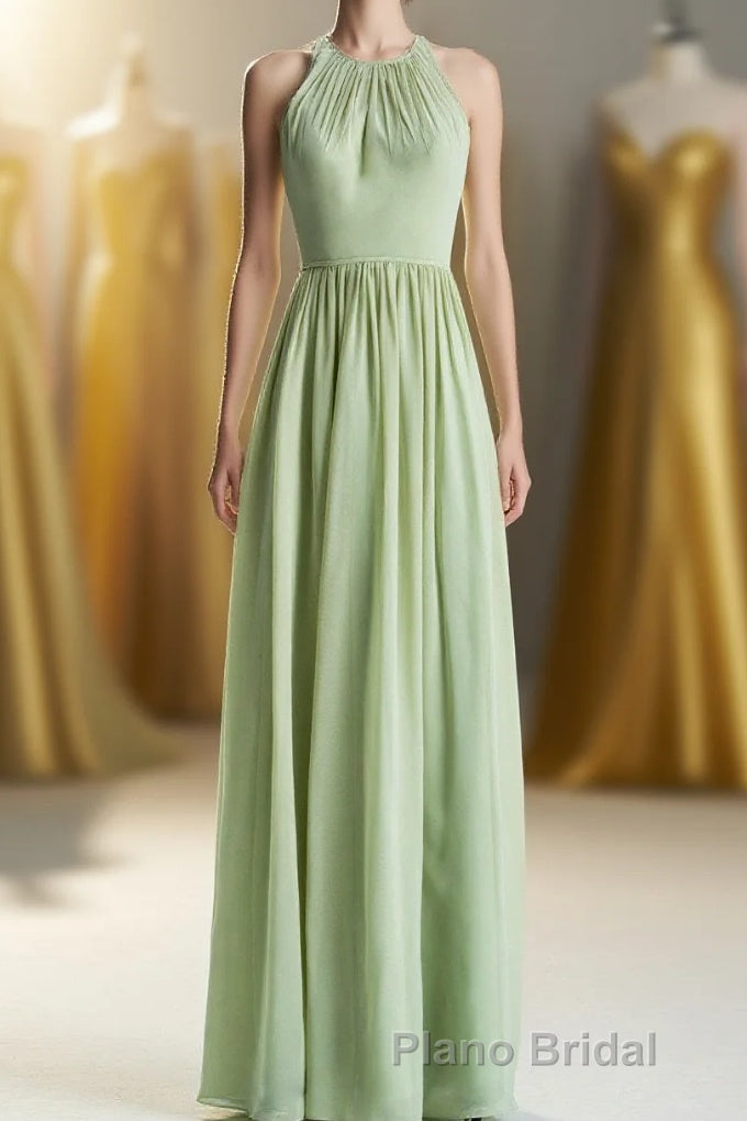 Sage Green Chiffon High Neck Long Bridesmaid Dresses Main image