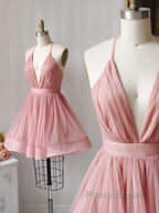 Simple Pink Tulle Short Formal Prom Dress, Pink Cocktail Dress