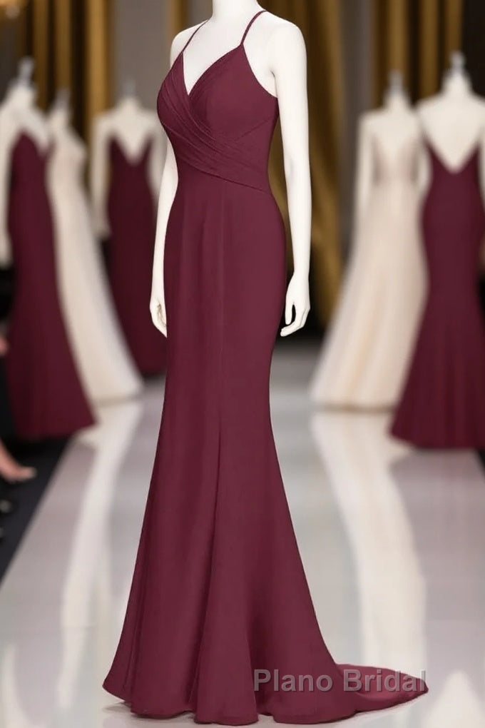Burgundy Chiffon Spaghetti Straps A-line Long Bridesmaid Dresses Main image