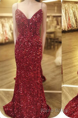 Mermaid Red Sequin V-Neck Lace-Up Back Formal Prom Dresses
