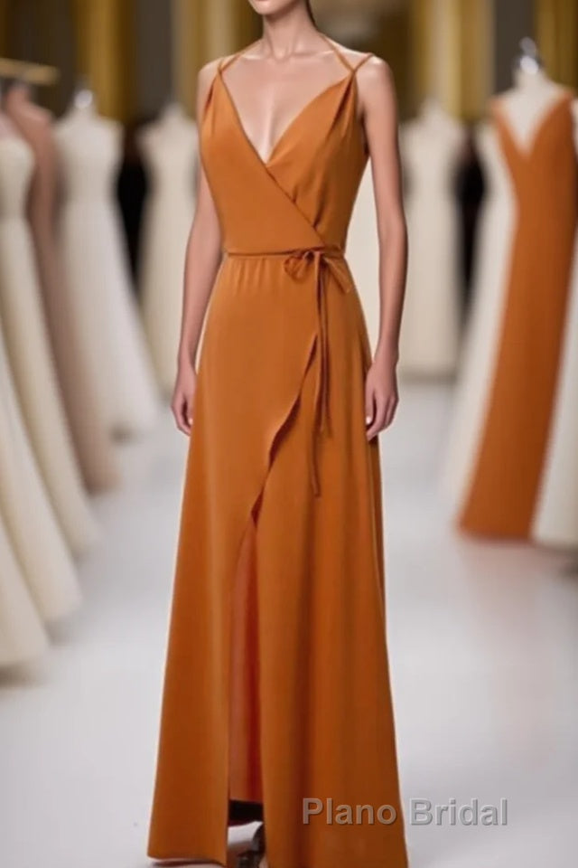 Burnt Orange Spaghetti Straps Long Bridesmaid Dresses with Slit Main image
