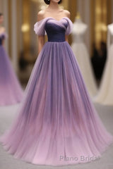 Simple Sweetheart Tulle Purple Long Formal Prom Dresses, Bridesmaid Dresses