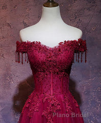 Burgundy Tulle Lace Off Shoulder Long Formal Prom Dresses, Burgundy Lace Evening Dresses