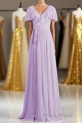 Lavender Faux Wrap Ruffles Long Bridesmaid Dresses