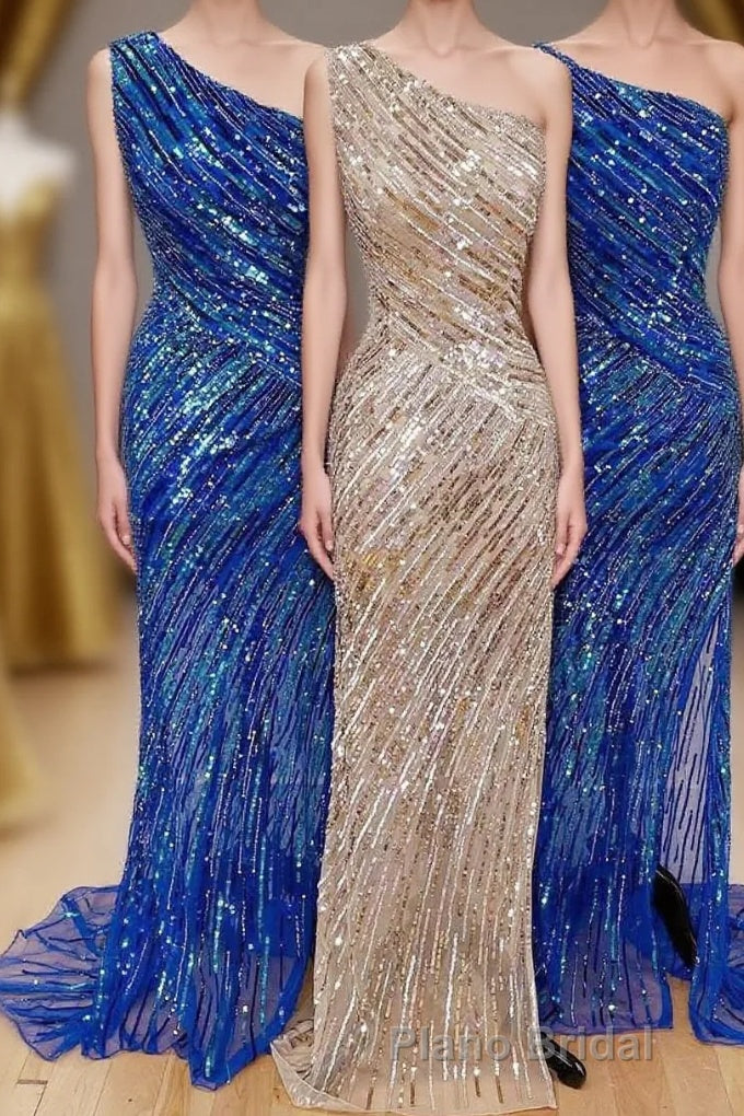 Sequins One-Shoulder Mermaid Long Formal Prom Dresses with Slit Main image