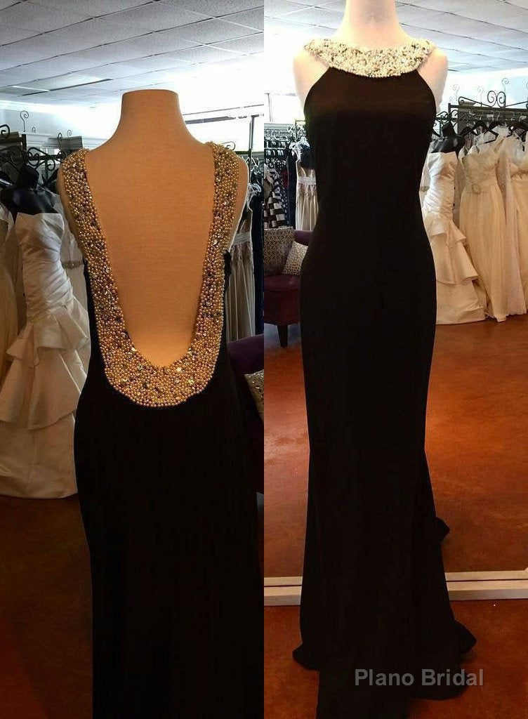 Backless Sleeveless Natural Beading Column/Sheath 2025 Junoesque Black Prom Dresses Main image