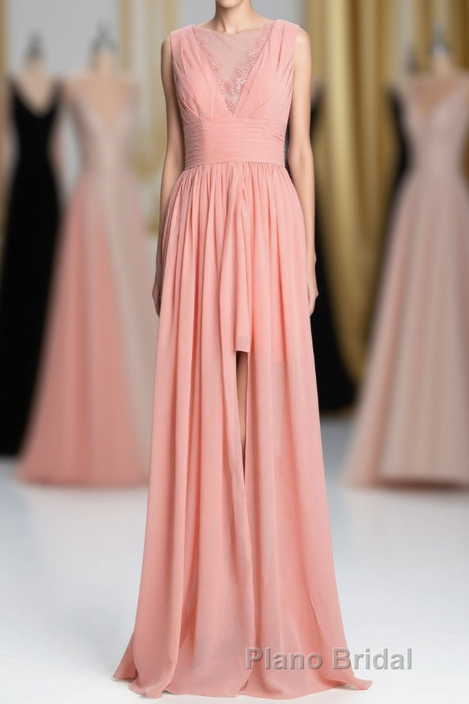 Coral A-line Chiffon Empire Long Bridesmaid Dresses