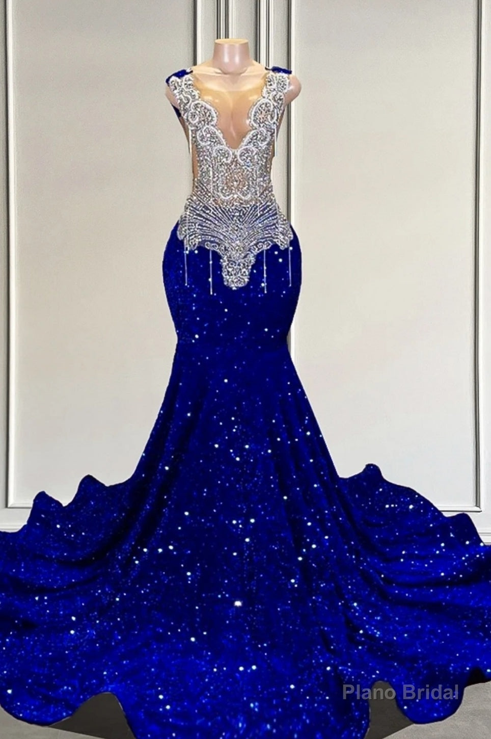 Royal Blue sequin Silver Beaded Mermaid Long V-neck Prom Dresses Main image