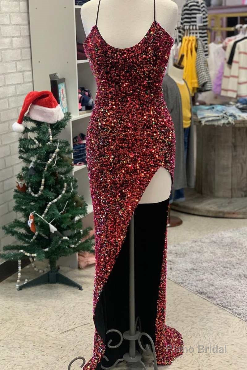 Burgundy Sequin Scoop Neck Long Prom Dress with Slit Main image