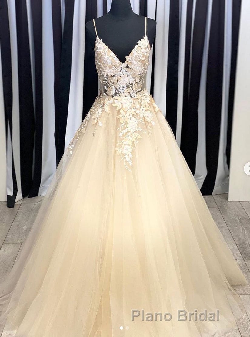 Champagne V Neck Tulle Lace Long Formal Prom Dresses Evening Dresses