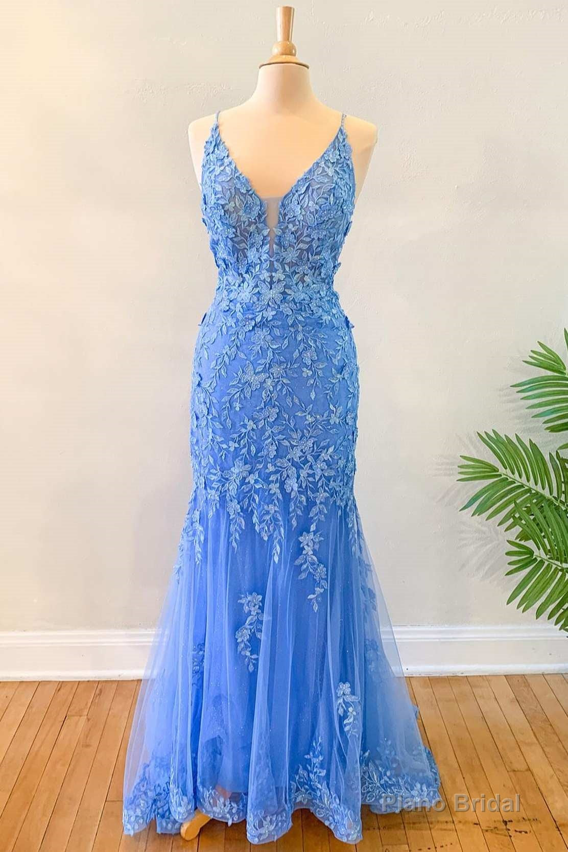 Blue Floral Appliques Backless Mermaid Long Prom Dress Main image