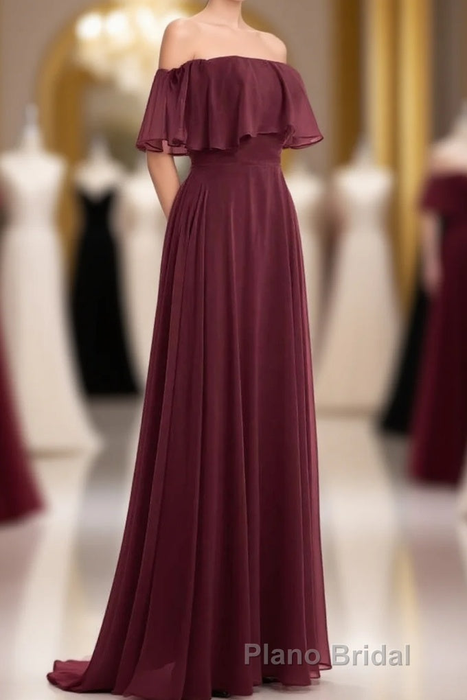 Burgundy Chiffon Strapless Ruffled A-Line Long Bridesmaid Dresses Main image