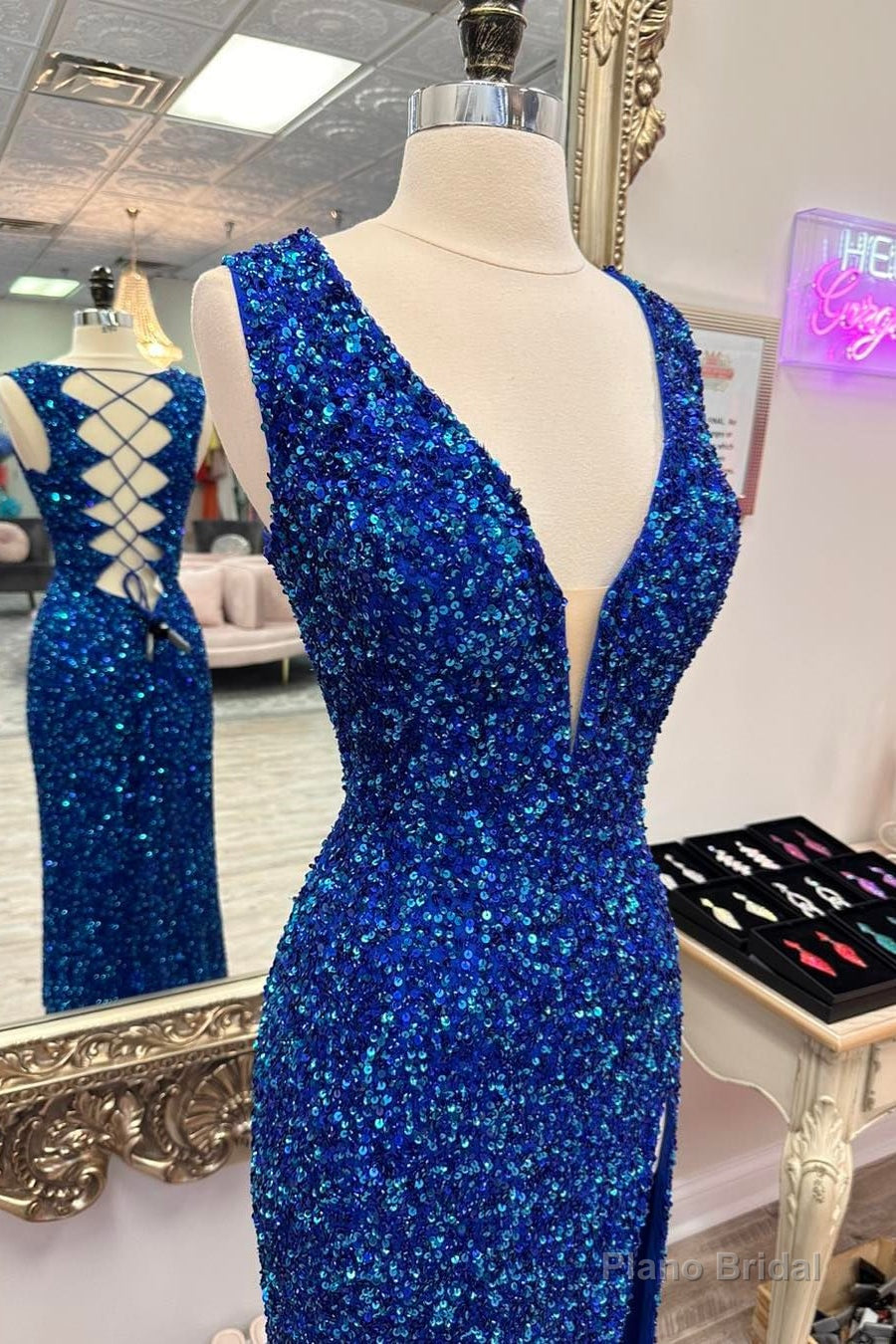 Royal Blue Deep V Neck Sequins Lace-Up Long Prom Dress with Slit Secondary image