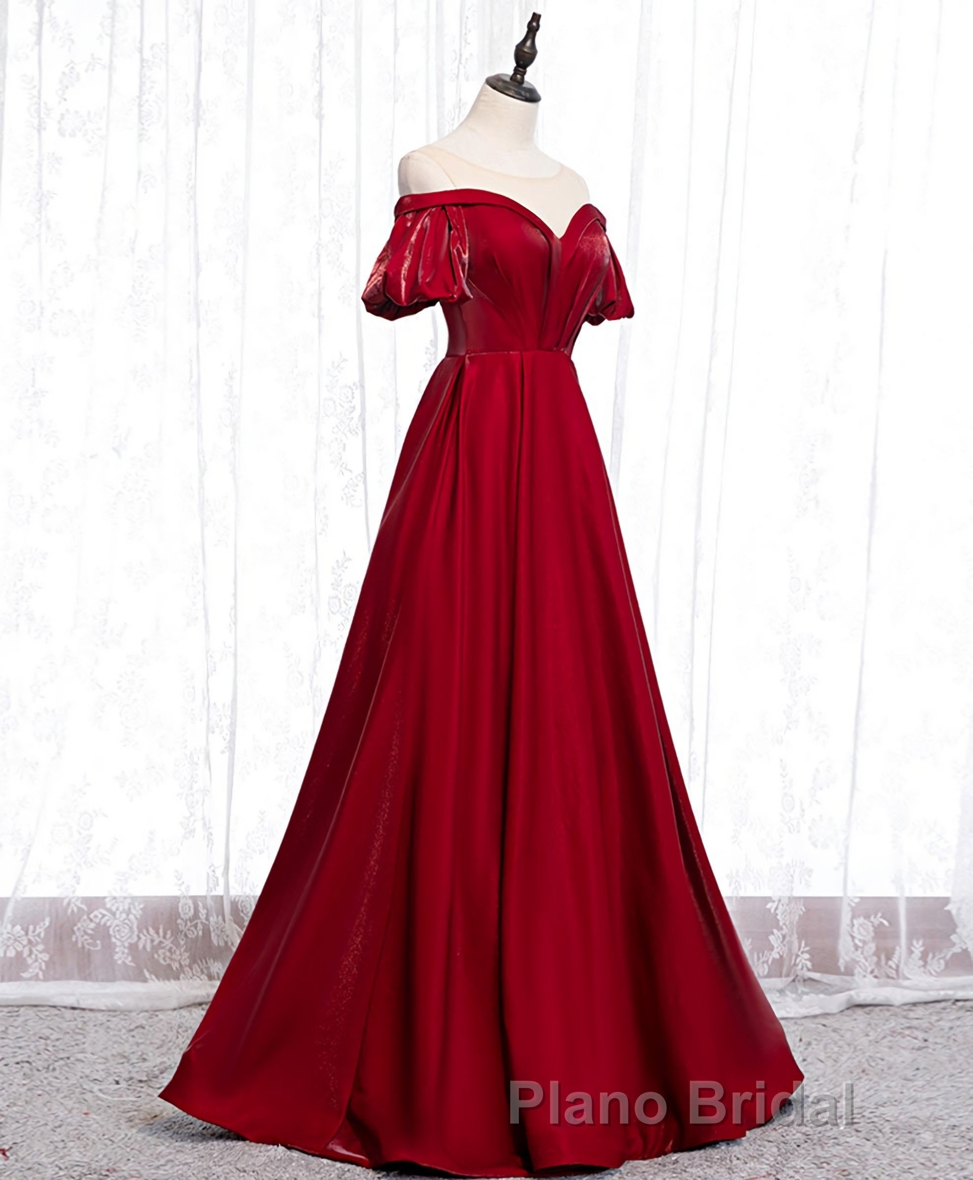 Simple Sweetheart Burgundy Satin Long Formal Prom Dresses, Burgundy Evening Dresses