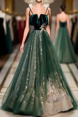 Green Tulle Lace Long Formal Prom Dresses, Green Tulle Lace Prom Dresses, 1