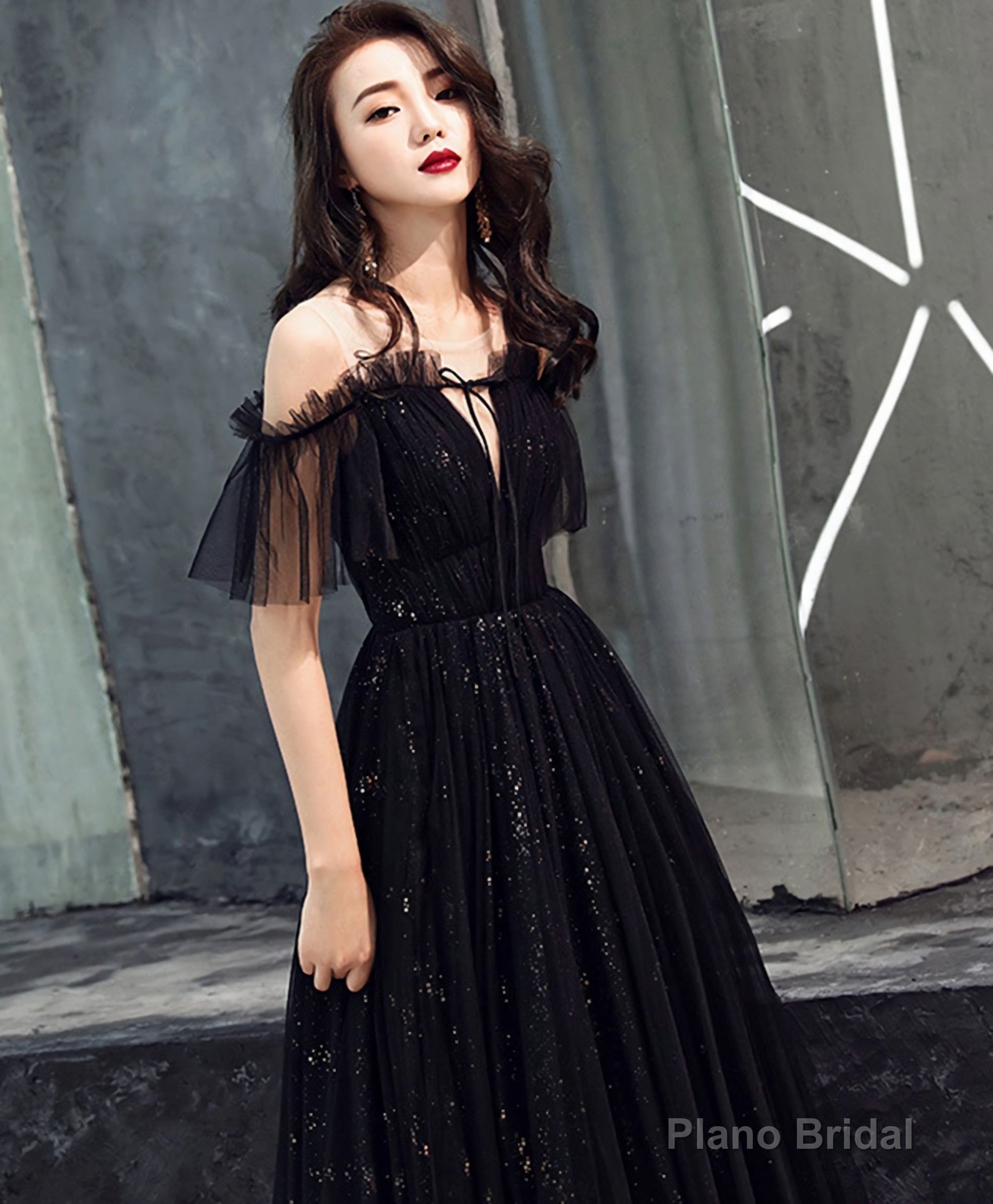 Black Tulle Off Shoulder Long Prom Dress, Black Formal Dress