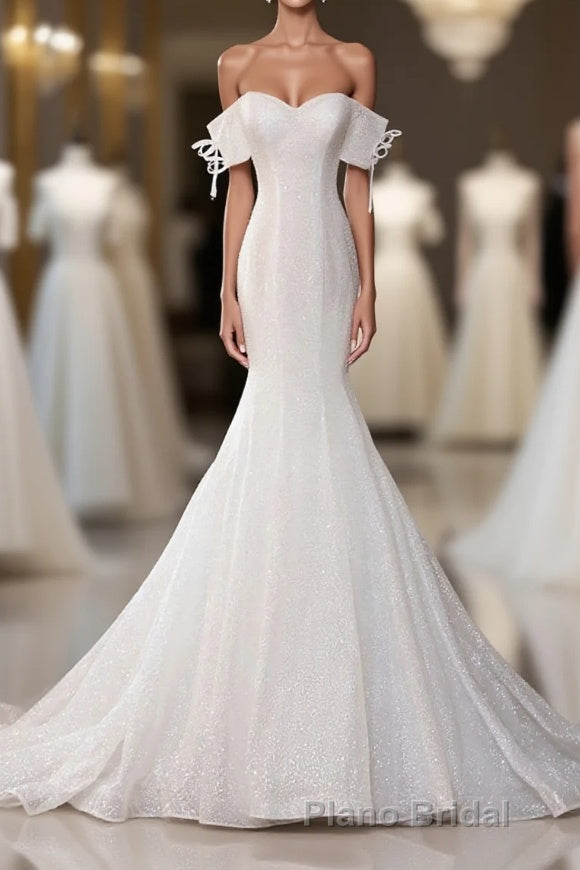 White Sequin Mermaid Long Formal Prom Dresses, White Wedding Dresses Main image