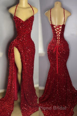 Halter Burgundy High Split Floor Length Formal Prom Dresses