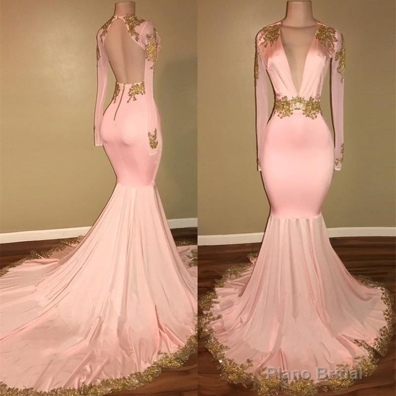 Long Sleeves Blushing Pink Deep V Neck Mermaid Backless With Gold Appliques Prom Dresses Main image