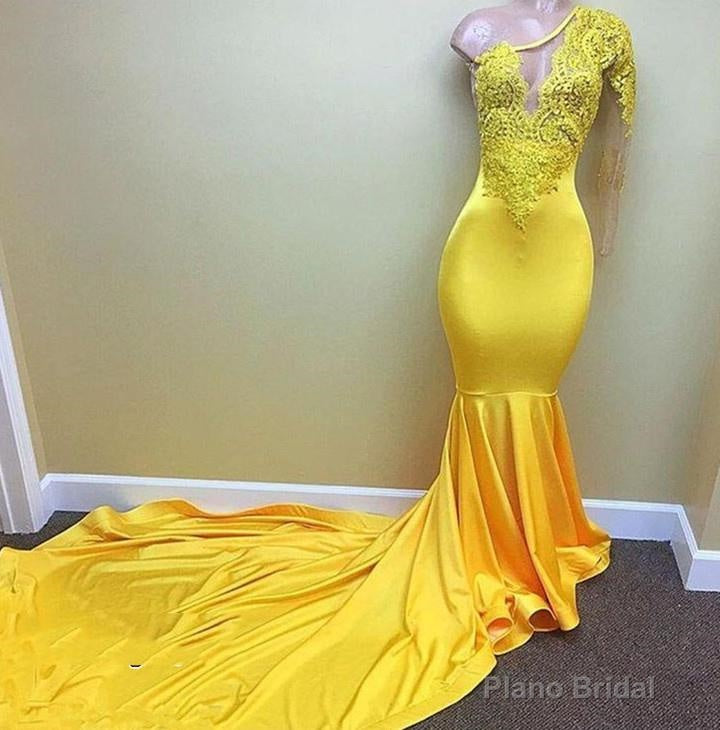 Charming One Shoulder Yellow See Through Mermaid Long Prom Dresses Main image