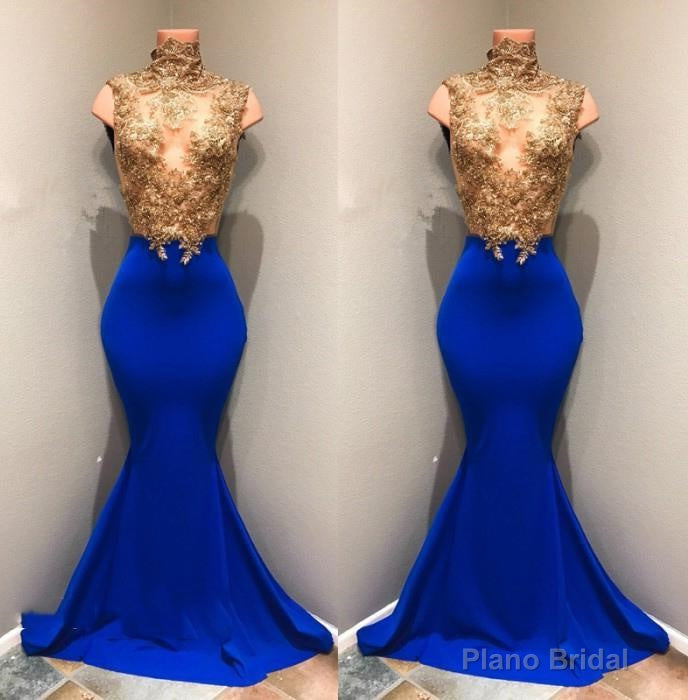 Charming Royal Blue Mermaid See Through Gold Appliques African Long Prom Dresses Main image