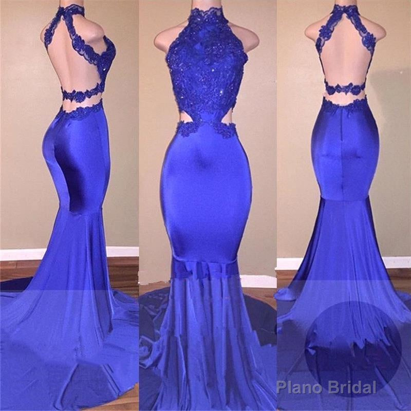 Sexy Mermaid Royal Blue Backless With Appliques High Neck Long Prom Dresses Main image