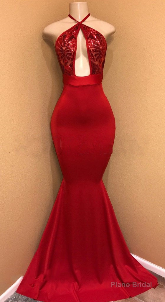 Sexy Red Mermaid Halter Open Front Satin Prom Dresses With Sequence Main image