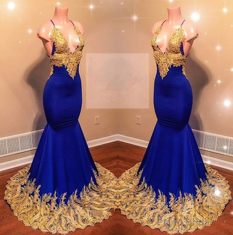 Amazing Royal Blue Mermaid With Gold Appliques Sweetheart Spaghetti Straps Backless Prom Dresses Main image