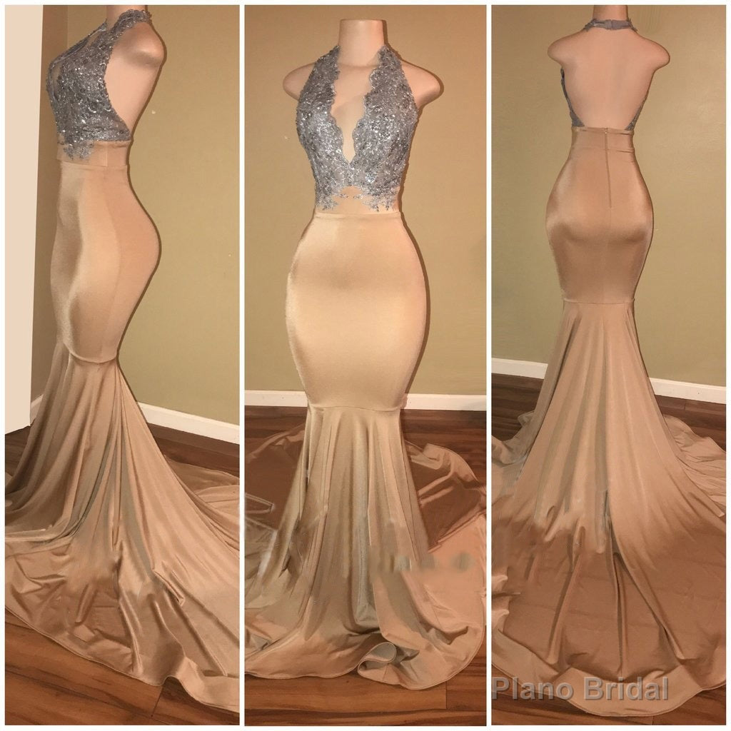 Champagne With Silver Appliques Mermaid Deep V Open Front Backless Long Prom Dresses Main image