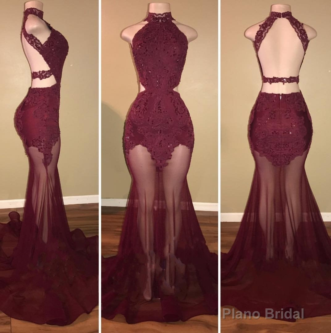 Burgundy Mermaid See Through Backless Tulle African Prom Dresses Main image