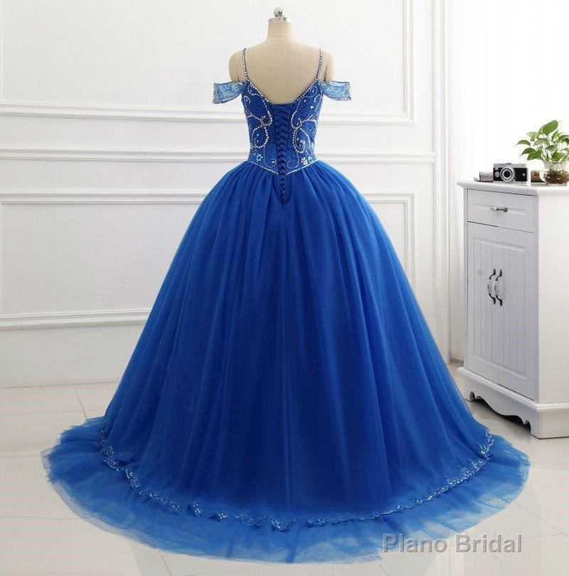 Elegant Off Shoulder Tulle Royal Blue Beaded Sweetheart Ball Gown Prom Dresses Secondary image